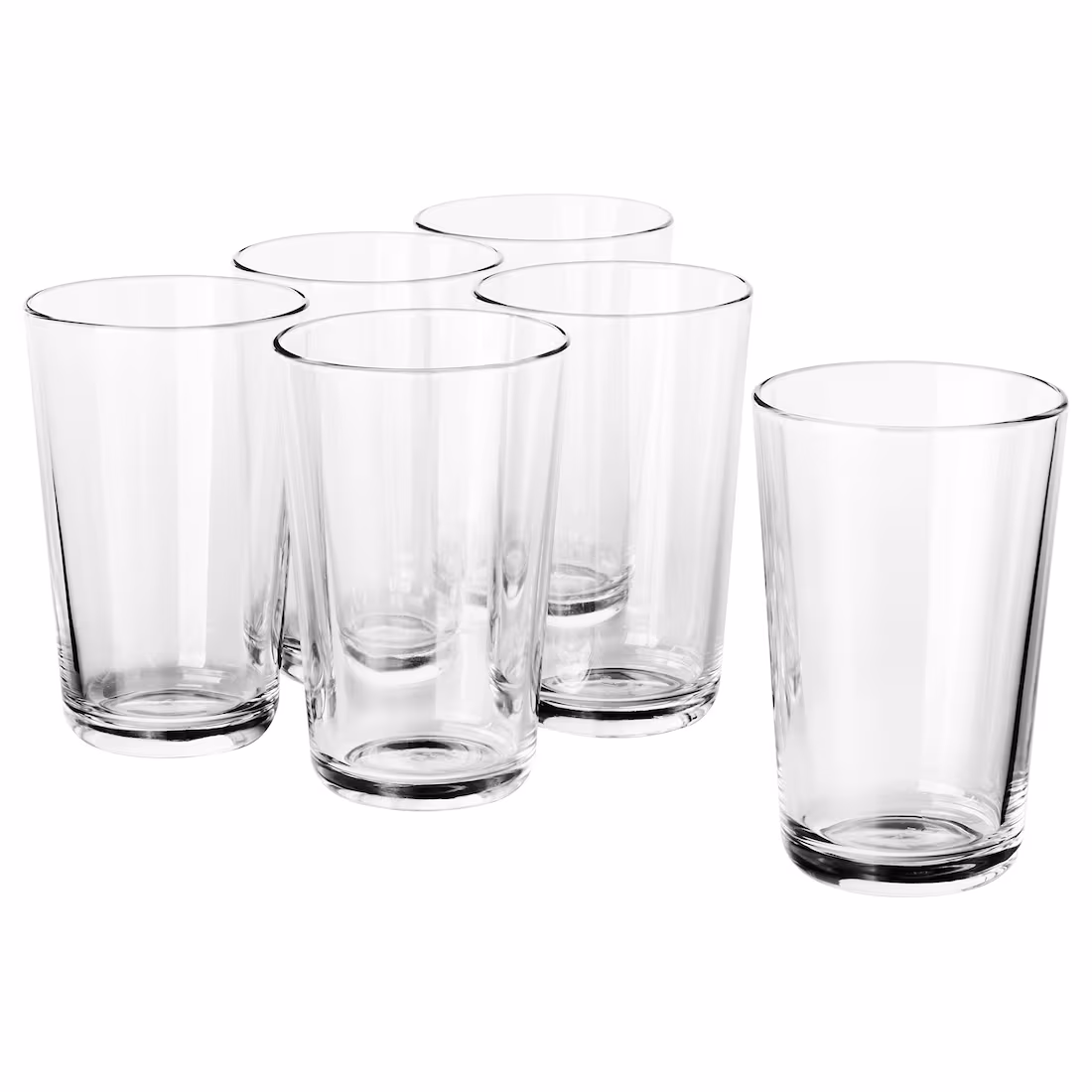Seks klare drikkeglas i række